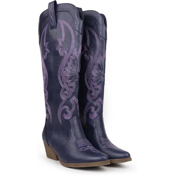 Women's Purple Faux Leather Pointed Toe and Block Heel Classic Embroidered Boot - Picture 5 of 6